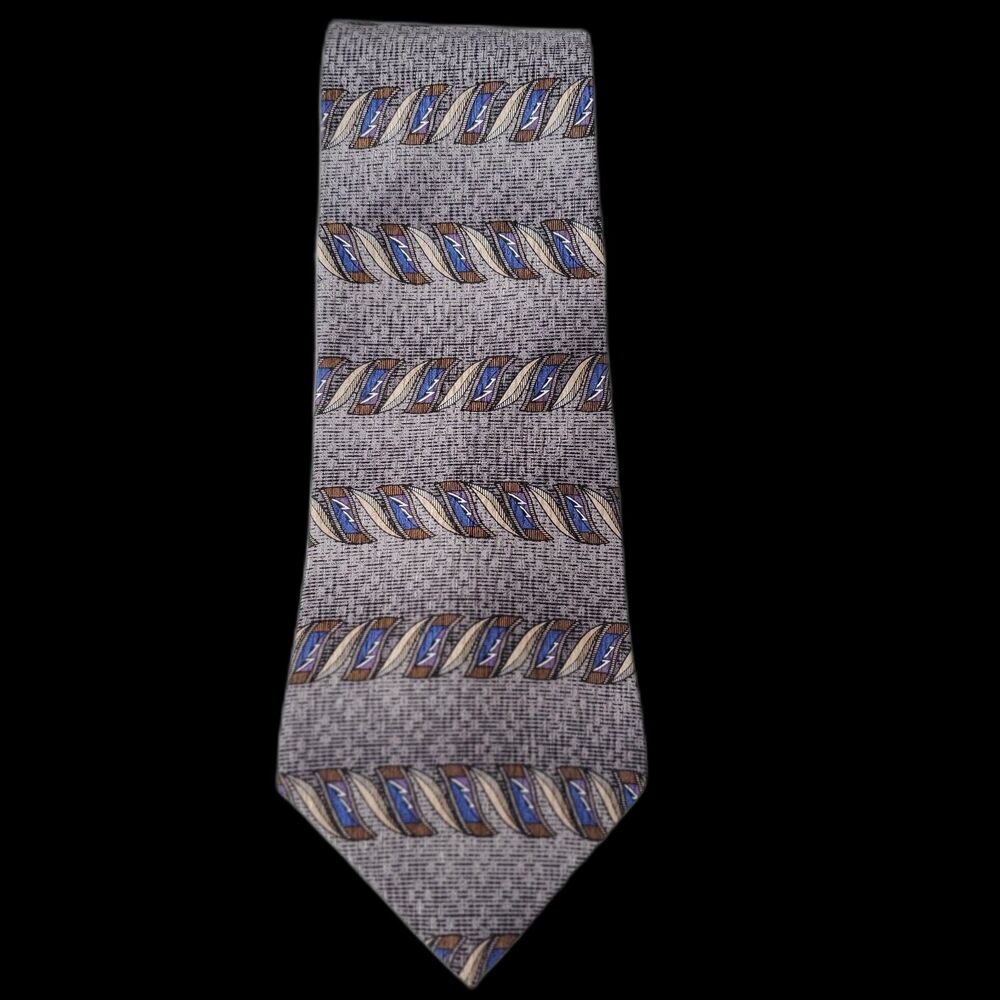Vtg PICONE Men's Necktie Gray Glue Brown Feather Accented Pattern 4 inches Wide